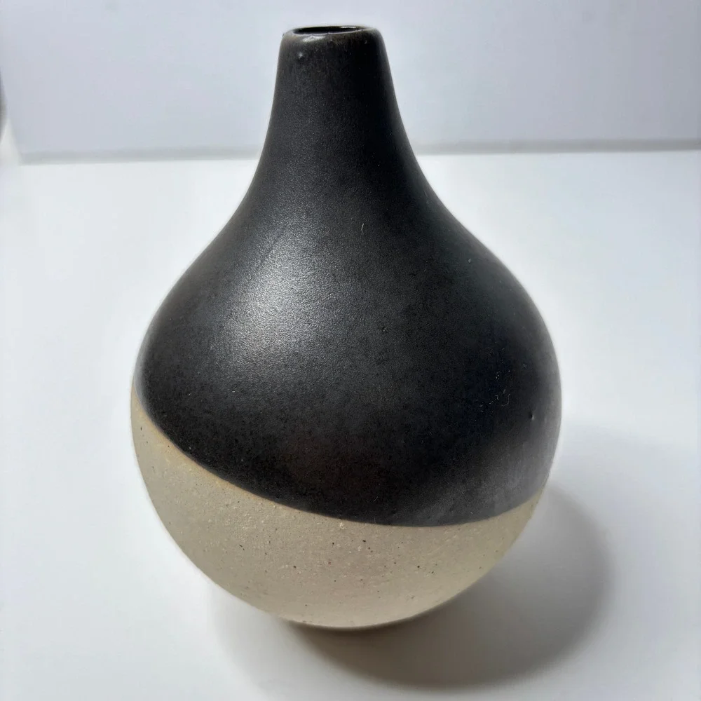 West Elm Black & Tan Two Tone Ceramic Bud Vase Mid Century Modern Minimalist MCM